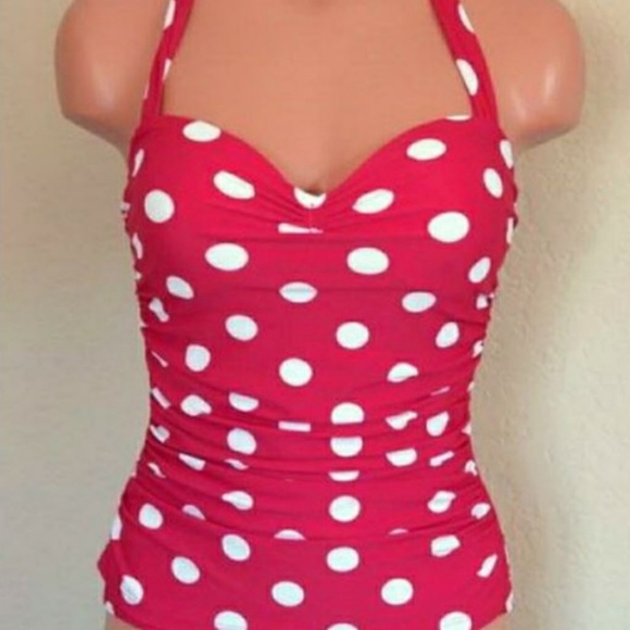 Pin Up Rockabilly One Piece Swimsuit Red Polka Dot - Picture 3 of 5